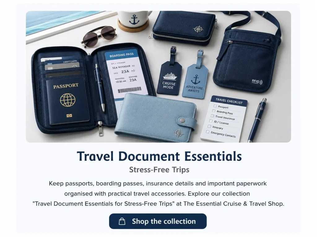 Travel document organiser, passport holder, boarding pass, luggage tags and travel checklist promoting Travel Document Essentials for Stress-Free Trips - Stafford Affiliates Travel