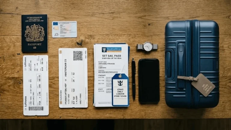 Stafford Affiliates Travel presents a neat, flat-lay photograph of travel essentials on a wood grain table, preparing for a comprehensive trip. Arranged cleanly are a dark blue United Kingdom passport, a Lufthansa airline ticket, a Deutsche Bahn train ticket for Frankfurt to Amsterdam, and Royal Caribbean cruise documents including a Set Sail Pass. These are accompanied by a wrist watch, a pen, and a smartphone. A large, closed blue hard-shell suitcase with a matching leather luggage tag is positioned on the right.