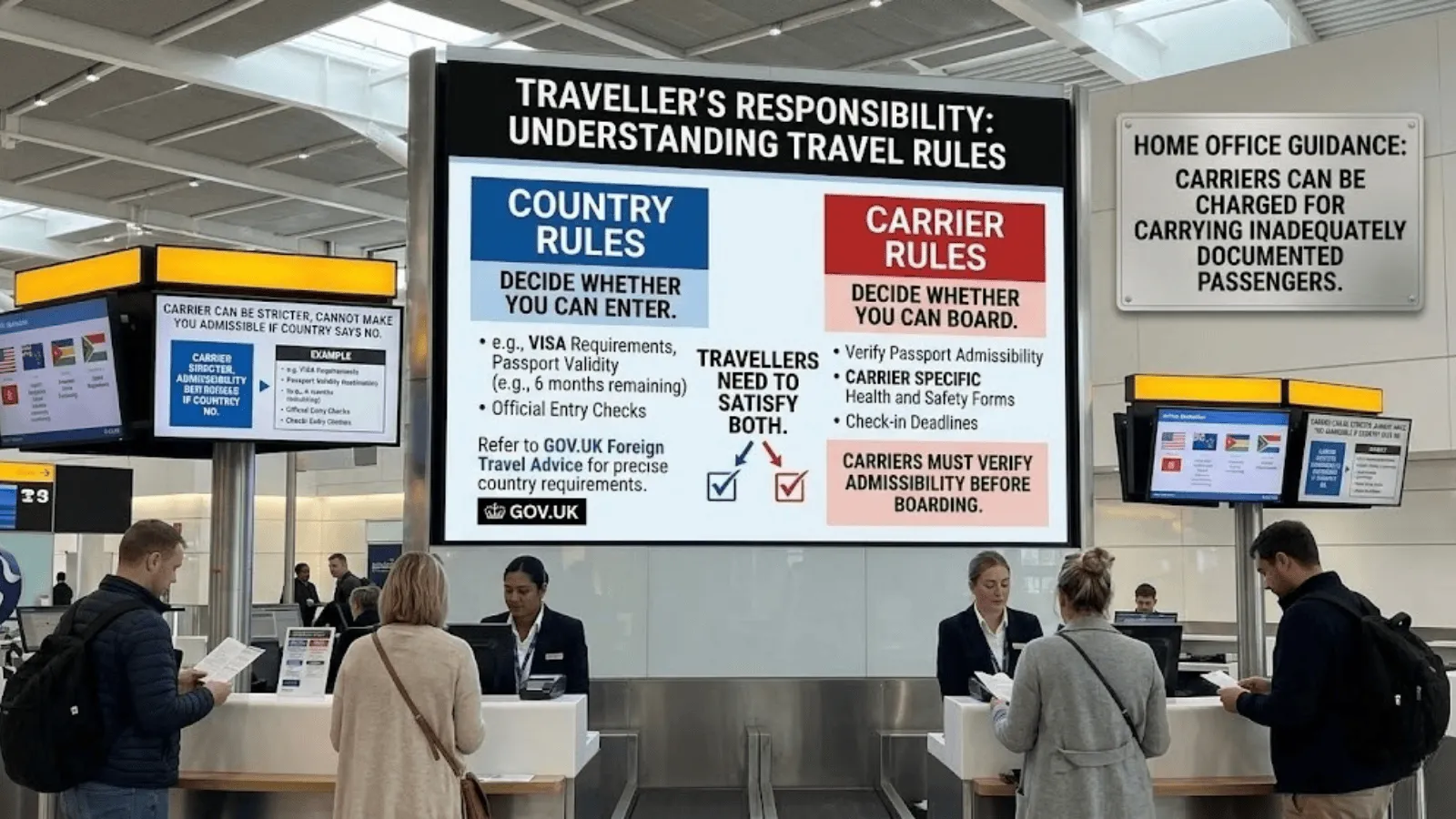 Stafford Affiliates Travel presents a detailed view of an airport check-in area. A large, dominant screen features a comprehensive guide titled 'TRAVELLER’S RESPONSIBILITY: UNDERSTANDING TRAVEL RULES'. The screen clearly defines 'COUNTRY RULES' for determining entry and 'CARRIER RULES' for determining boarding, emphasizing that 'TRAVELLERS NEED TO SATISFY BOTH.' Key examples like passport validity and carrier-specific forms are included. A separate wall sign states 'HOME OFFICE GUIDANCE', warning that 'CARRIERS CAN BE CHARGED' for undocumented passengers. Staff and passengers are at active counters.Ensure that they have the correct travel documents