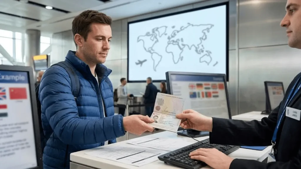 Stafford Affiliates Travel check-in agent, named Chris James, is at an airport counter receiving an open passport from a passenger in a blue quilted jacket. The agent uses a keyboard. Background screens display a world map with a plane, and several national flags (UK, USA, China, Ireland). Blurred travelers are in the distance.