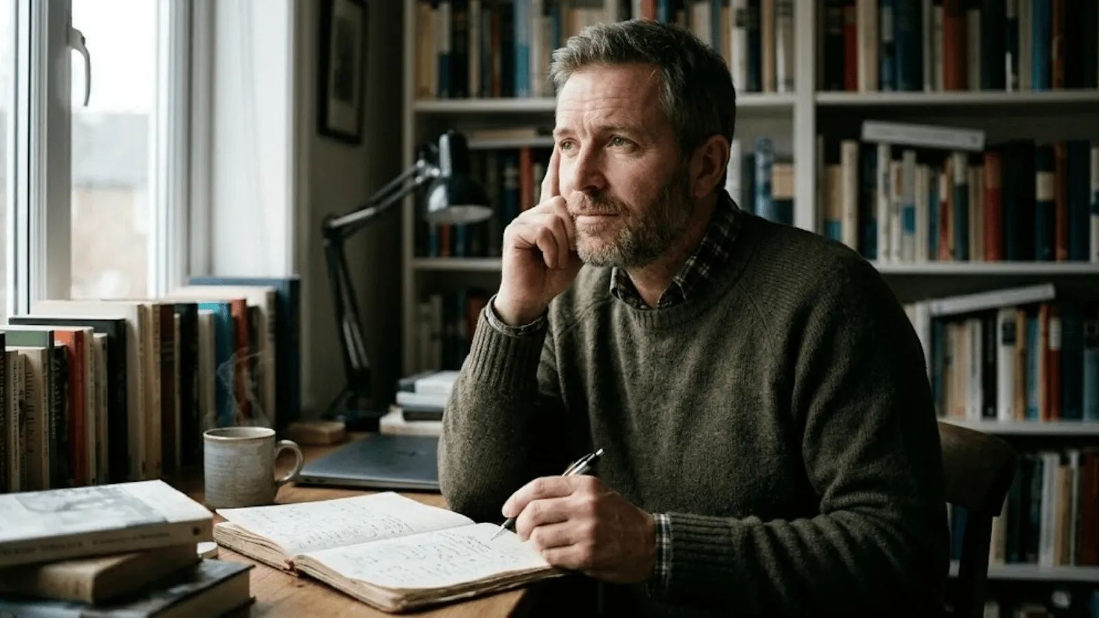 Stafford Affiliates Travel. A pensive, middle-aged man with a beard is seated at a wooden desk in a library or study filled with overflowing bookshelves. He wears an olive green sweater over a plaid shirt and holds a pen over an open notebook, gazing thoughtfully towards a window. A steaming mug is on the desk, and a desk lamp is visible.