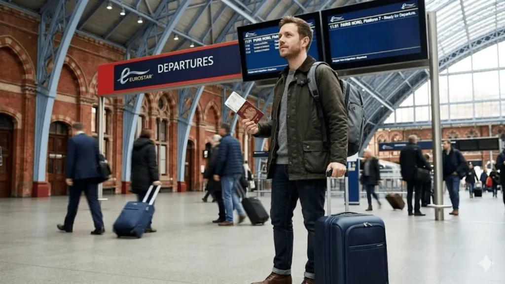 Stafford Affiliates Travel present a male traveler in the St Pancras Eurostar concourse. He wears an olive jacket, holds a passport and boarding pass, and has a rolling blue suitcase and backpack. He looks at two overhead departure screens displaying 'PARIS NORD, Platform 7 - Ready for Departure'. Above is a red banner with 'Eurostar DEPARTURES'. The scene includes iconic blue ironwork, red brick arches