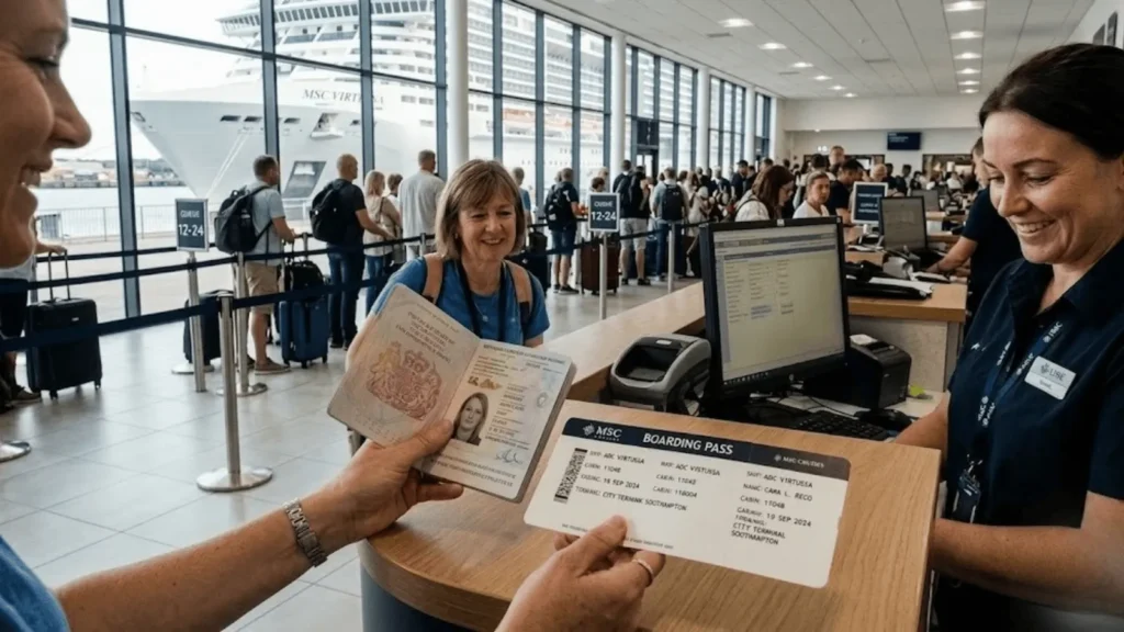 Stafford Affiliates Travel presents a first-person view at a busy cruise terminal check-in counter. Foreground hands hold an open British passport and an MSC Cruises boarding pass for the ship Virtuosa from Southampton. A smiling woman in a blue shirt with a backpack stands next to them. A smiling female check-in agent in a dark blue uniform accepts the documents at the wooden counter. The background is bustling with many passengers queuing, set against large glass windows looking out onto a docked cruise ship