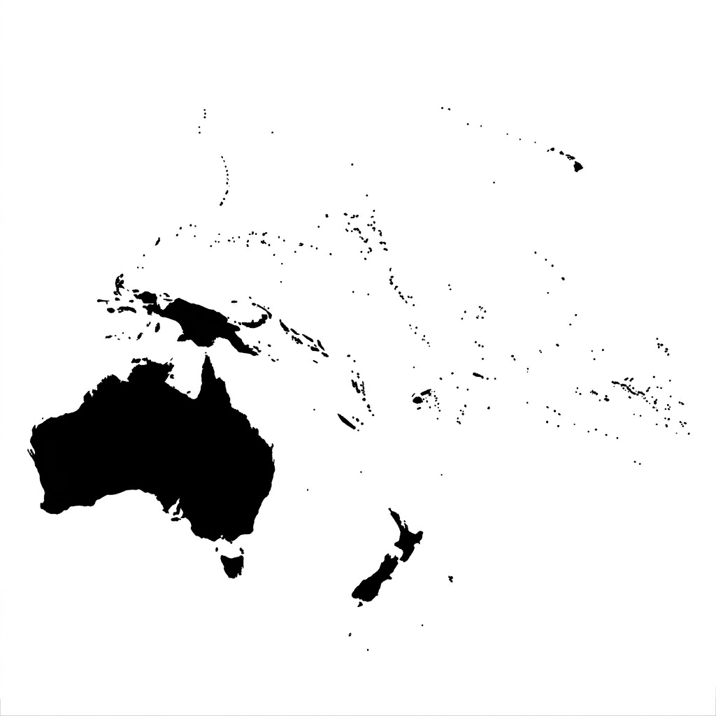 Stafford Affiliates Travel black silhouette map of Oceania showing Australia, New Zealand, and islands on a white background.