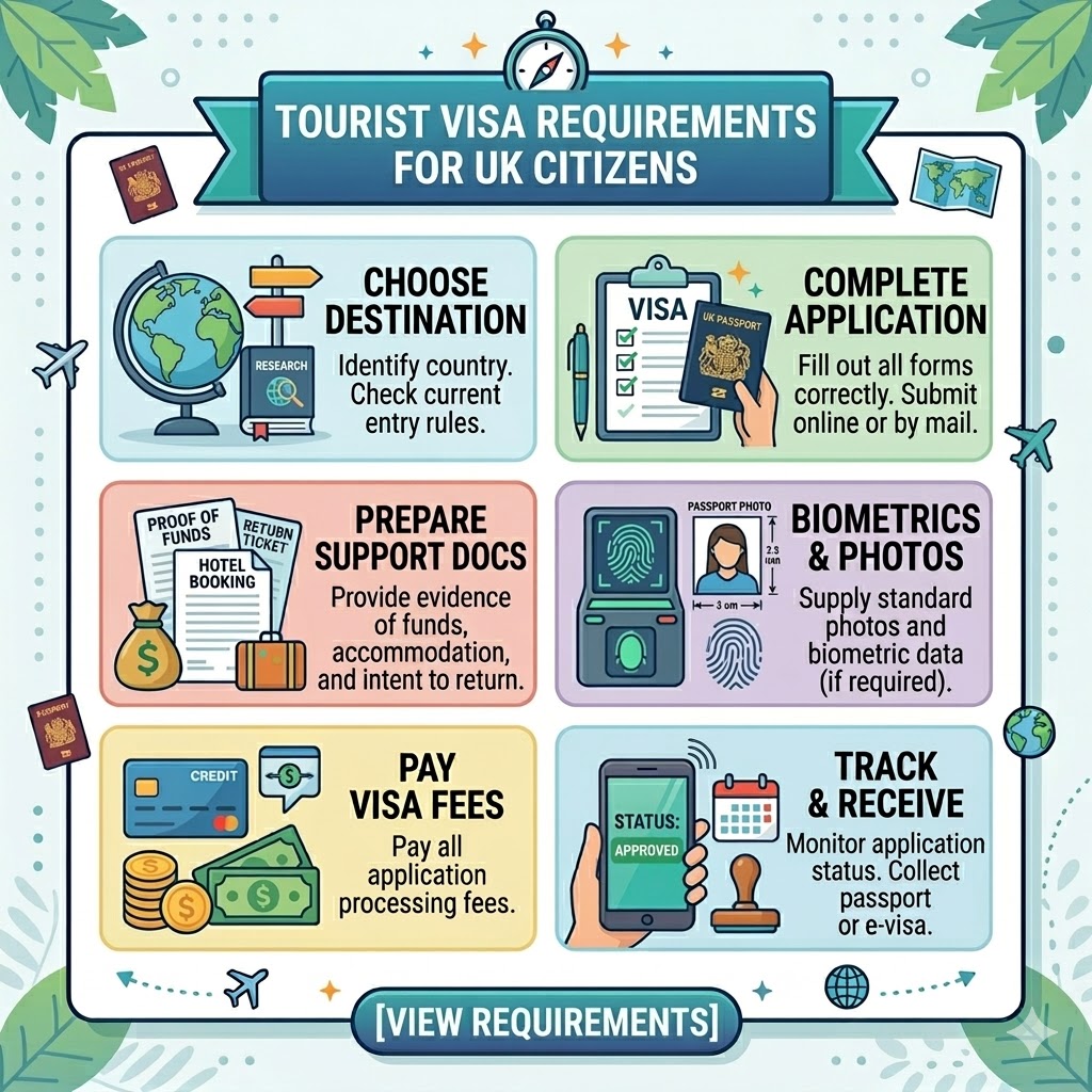 "Stafford Affiliates Travel infographic for 'Tourist Visa Requirements for UK Citizens'. Six steps are outlined: Choose Destination (check rules), Complete Application, Prepare Support Docs (funds, bookings), Biometrics & Photos, Pay Visa Fees, and Track & Receive (monitor approved status). A final button reads '[VIEW REQUIREMENTS]'. Modern vector icons are used throughout."