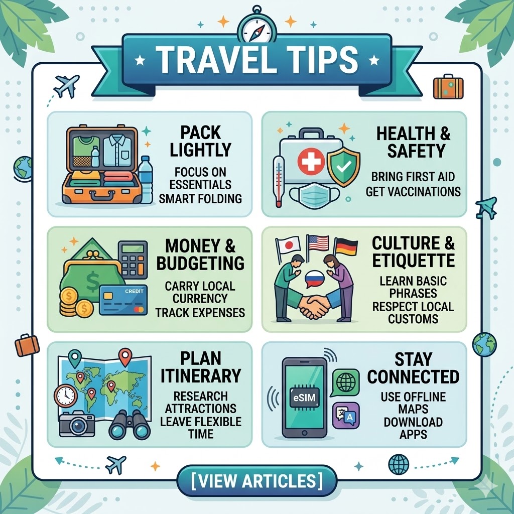 Stafford Affiliates Travel presents an infographic titled "TRAVEL TIPS" with six illustrated panels providing advice. They cover: Pack Lightly (focus on essentials, smart folding); Health & Safety (bring first aid, get vaccinations); Money & Budgeting (carry local currency, track expenses); Culture & Etiquette (learn phrases, respect customs); Plan Itinerary (research attractions, leave flexible time); and Stay Connected (eSIM, offline maps). Includes a "[VIEW ARTICLES]" button at the bottom.