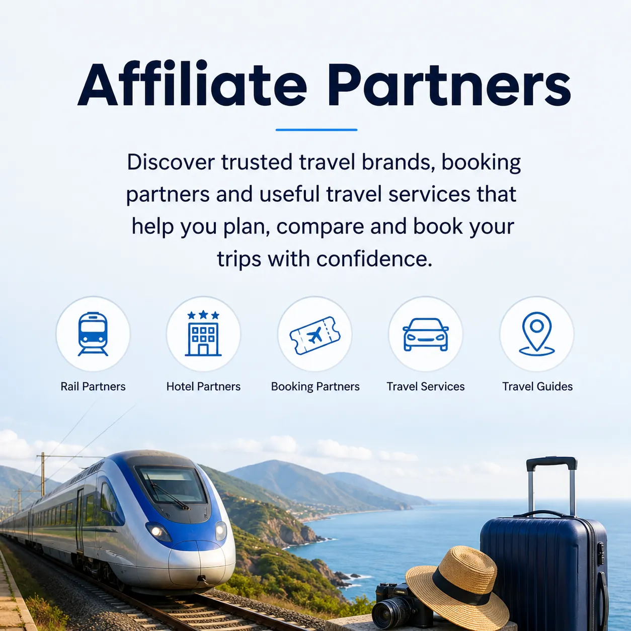 Affiliate Partners image for Stafford Affiliates Travel, showing trusted travel brands, rail, hotel, booking and travel service icons, with a train, suitcase and coastal travel scene.