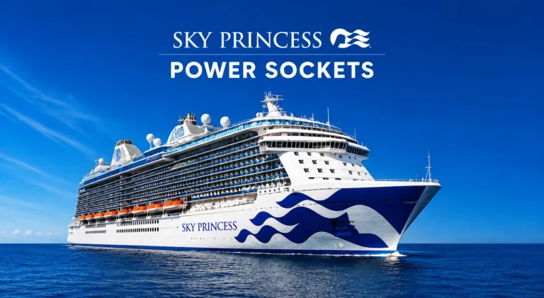 Sky Princess cruise ship at sea with the title Sky Princess Power Sockets above the ship - Stafford Affiliates Travel