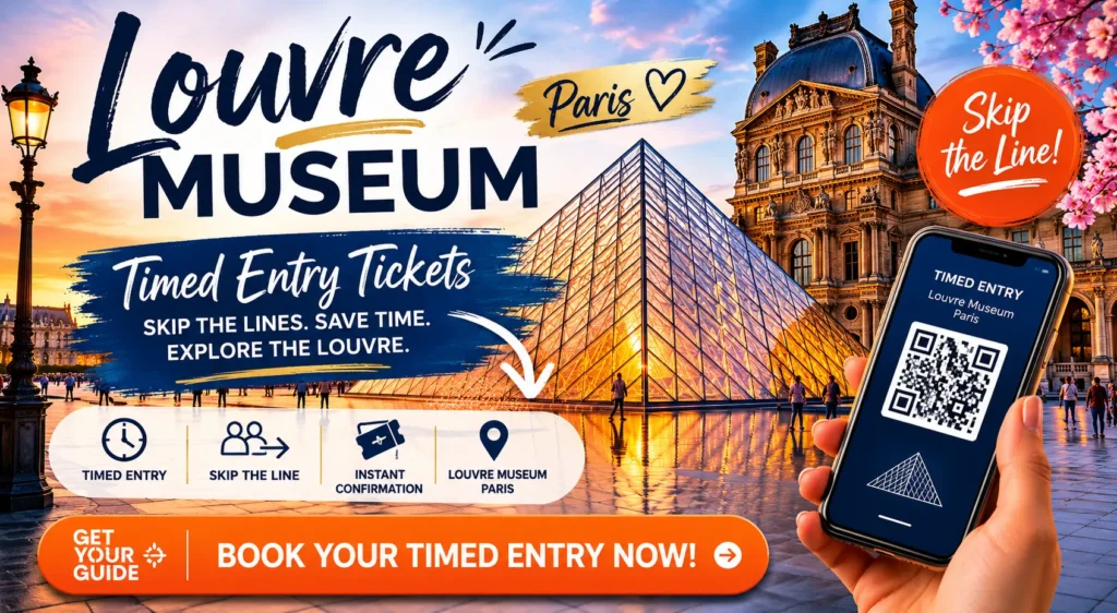 Louvre Museum Paris timed entry ticket booking image with the glass pyramid at sunset and a Book Now call to action for GetYourGuide - Stafford Affiliates Travel