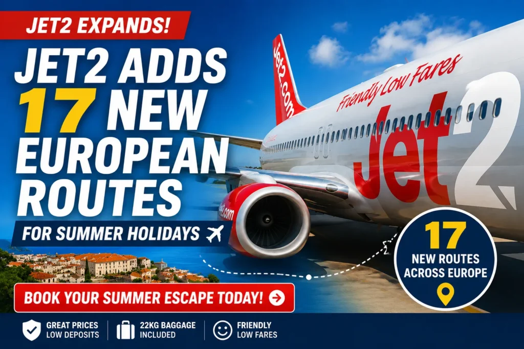Jet2 aircraft promoting 17 new European routes for summer holidays with book your summer escape call to action - Stafford Affiliates Travel