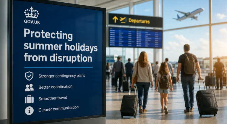 Airport travellers passing a GOV.UK information sign about protecting summer holidays from disruption - Stafford Affiliates Travel
