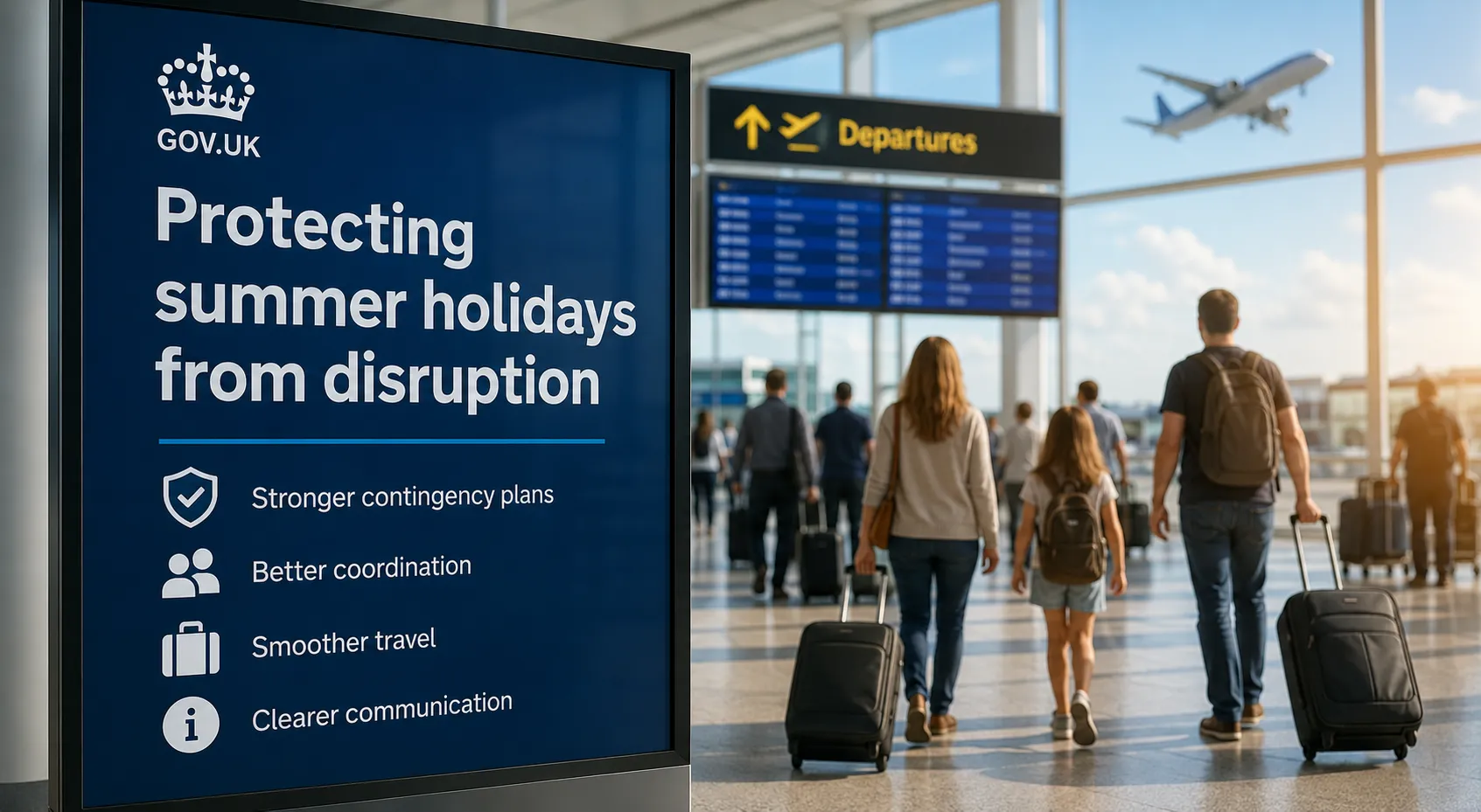 Airport travellers passing a GOV.UK information sign about protecting summer holidays from disruption - Stafford Affiliates Travel
