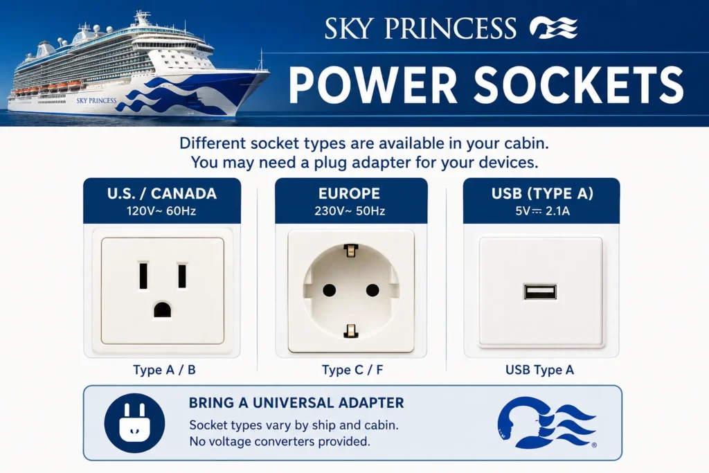 Sky Princess power sockets infographic showing US/Canada Type A/B, Europe Type C/F, and USB Type A cabin charging options, with advice to bring a universal adaptor - Stafford Affiliates Travel.