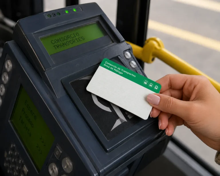 Close-up of a woman using a Málaga Consorcio transport card on a bus card reader - Stafford Affiliates Travel