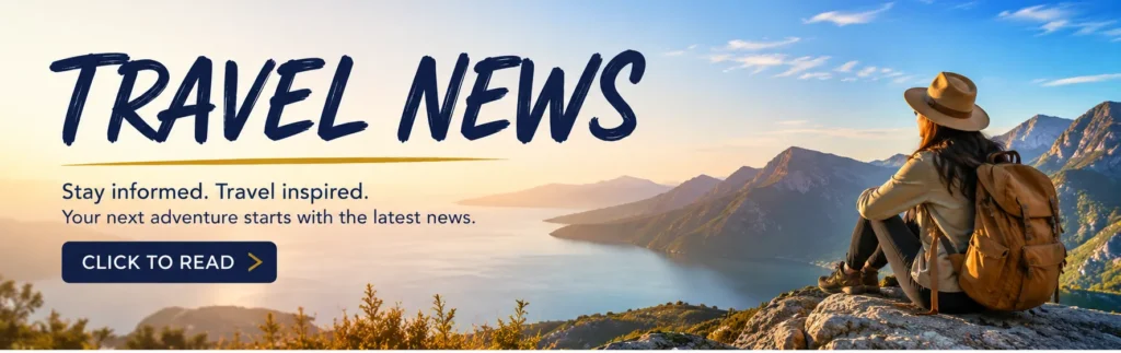 Travel News banner showing a traveller overlooking mountains and water, with click to read text - Stafford Affiliates Travel