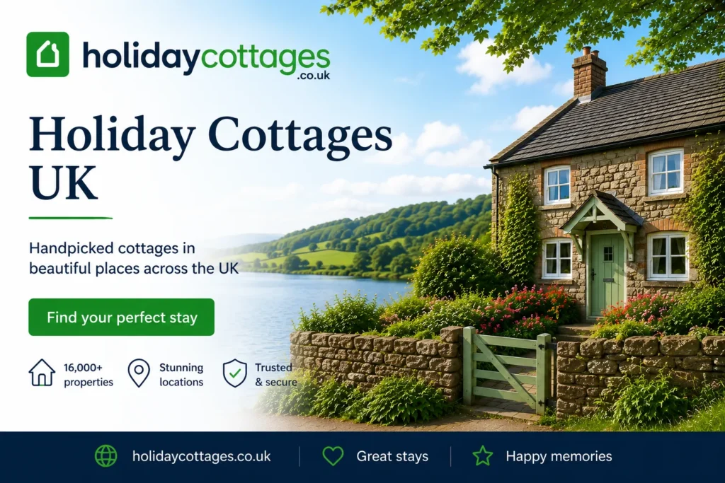 Holiday Cottages UK promotional image showing a countryside cottage by a lake with booking call-to-action - Stafford Affiliates Travel