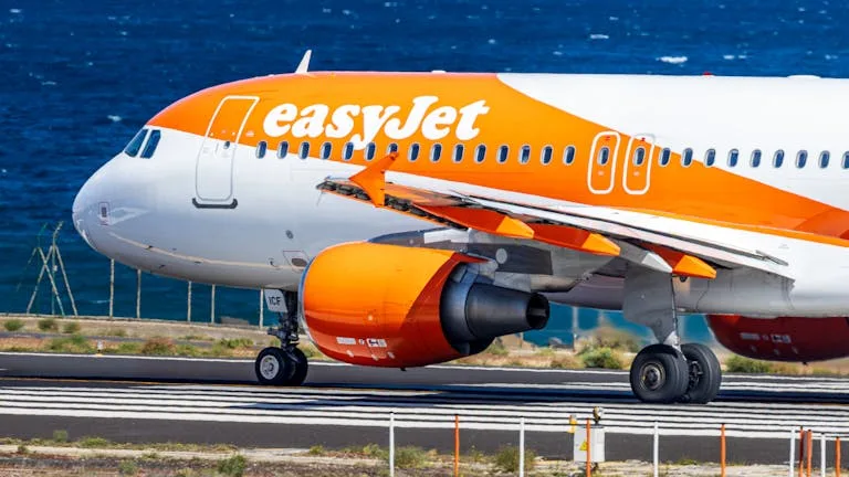 Close-up of EasyJet Airbus A320 landing on a runway by the sea in Spain - Stafford Affiliates Travel.