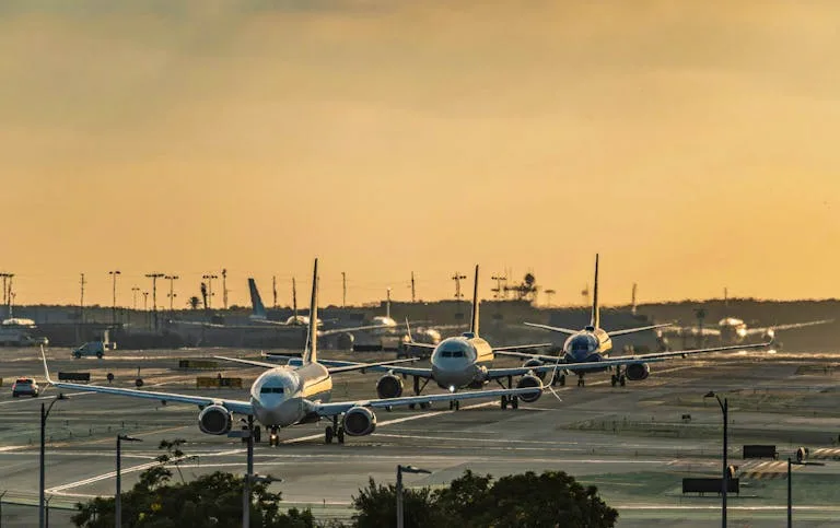 Multiple airplanes queue on a runway during sunset, creating a striking scene at a bustling airport Stafford Affiliates Travel