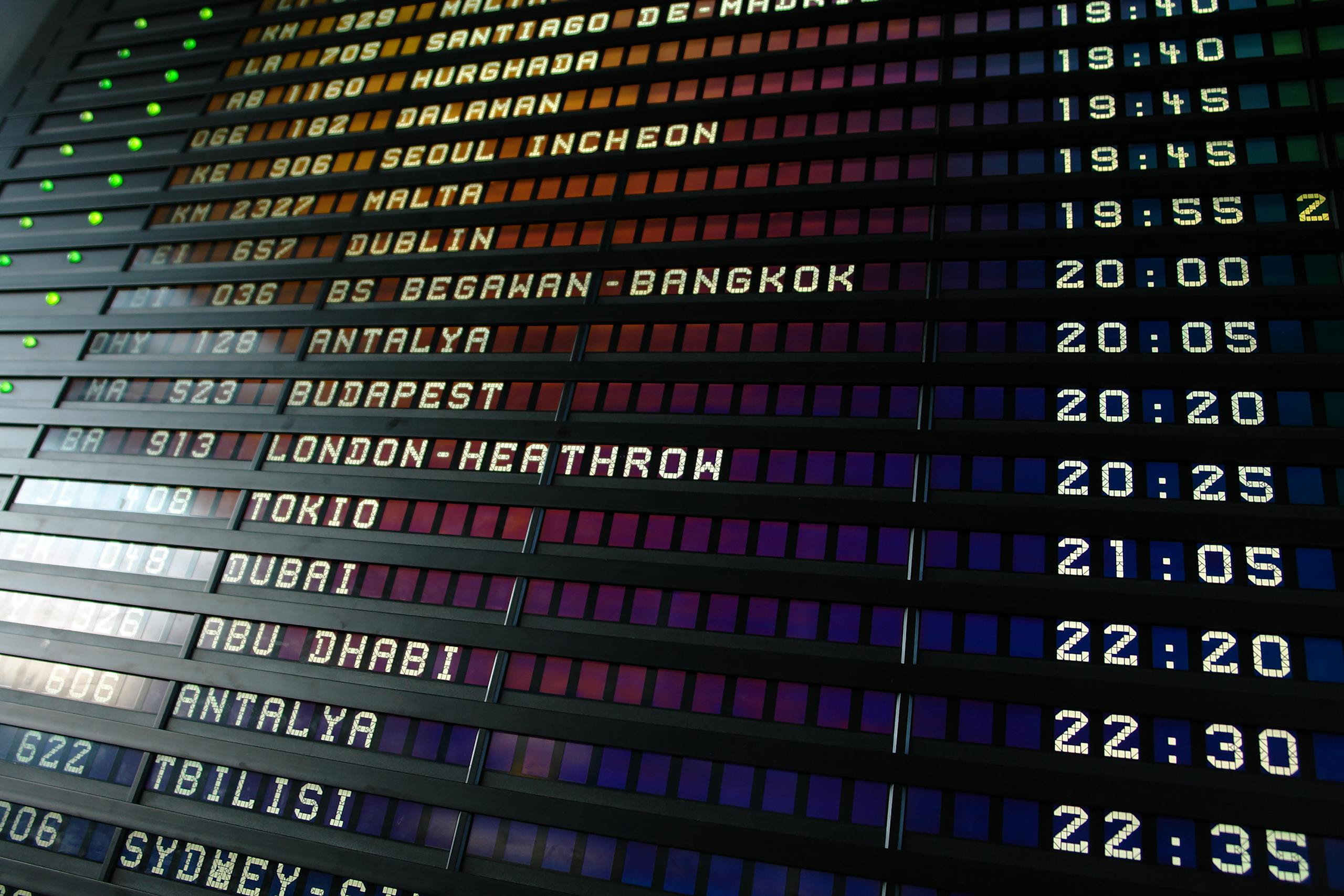 Stafford Affiliates Travel - Retro flip-style airport departure board showing international flight destinations and times.