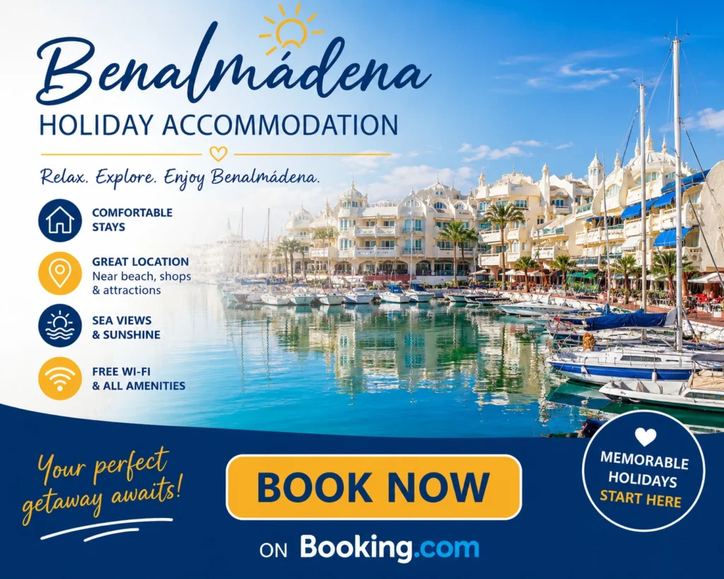 Benalmádena holiday accommodation booking image showing the marina, boats, sunny waterfront apartments and a Book Now call to action for Booking.com - Stafford Affiliates Travel