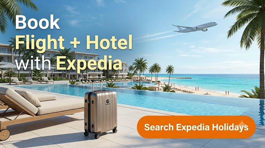 Sunny beach resort featuring a swimming pool, palm trees, ocean, and a silver suitcase in the foreground. An aircraft flies in the clear blue sky. Text overlays read 'Book Flight + Hotel with Expedia' alongside an orange call-to-action button stating 'Search Expedia Holidays' - Stafford Affiliates Travel