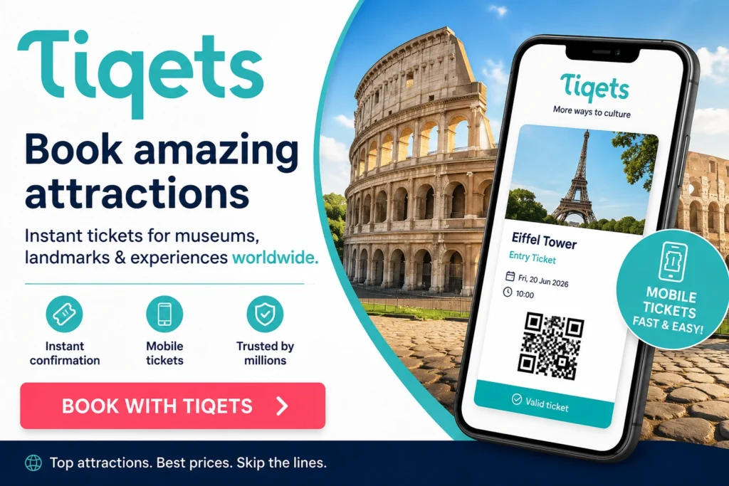 Tiqets booking link image showing mobile attraction tickets for museums, landmarks and experiences worldwide - Stafford Affiliates Travel