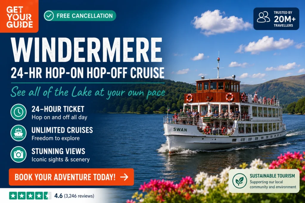 Windermere 24-hour hop-on hop-off cruise link image with classic Swan ferry on the lake and GetYourGuide booking call to action - Stafford Affiliates Travel